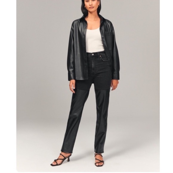 Abercrombie & Fitch Denim - Abercrombie Fitch 90s Straight Ultra High Rise Black Denim Leather Panel Pants